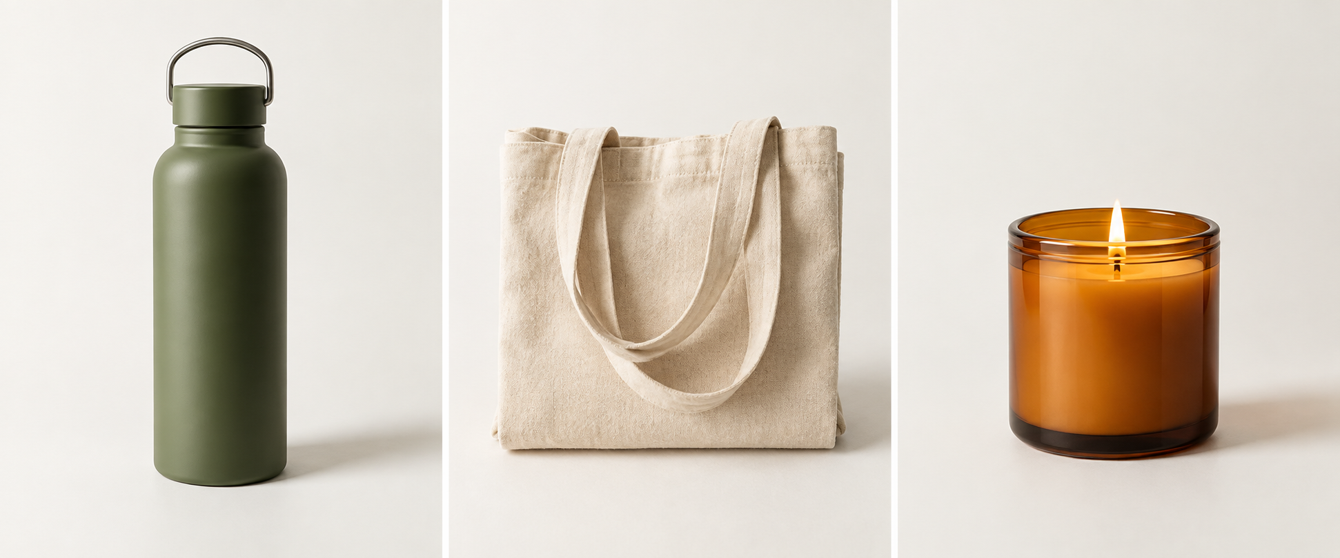 A green water bottle, natural canvas tote, and amber candle